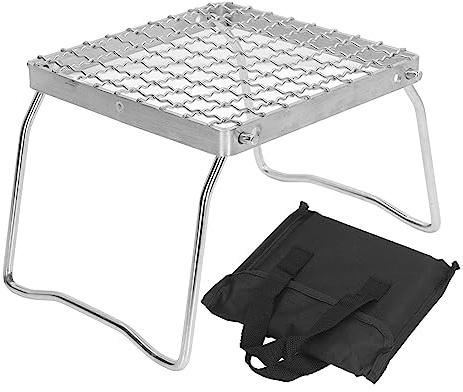 Grille de feu de camp pliante, grille de foyer de camping en acier inoxydable 304 avec pieds pliables, cuisinière à gaz portable et support de feu de camp avec sac de transport