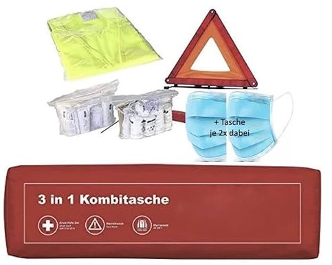 3in1 KFZ Verbandskasten Kombitasche 2025 Trio mit Warnweste, Erste Hilfe Set und Warndreieck (Rot)