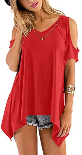 BeLuring Mujer Hombro Sin Top Blusa V-Cuello Recortado Loose Fit Top T-Shirt Rojo XXL
