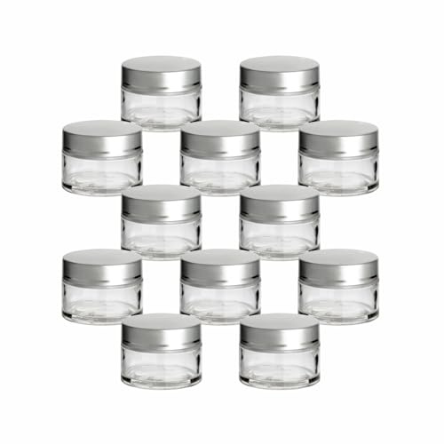 gouveo 12er Set Cremetiegel 30 ml (0,03 l) Cremetiegel 30 ml aus Glas mit Schraubdeckel Kunststoff Schraubdeckel silberfarben, leere Kosmetikdosen für Creme Salbe Lotion Reise