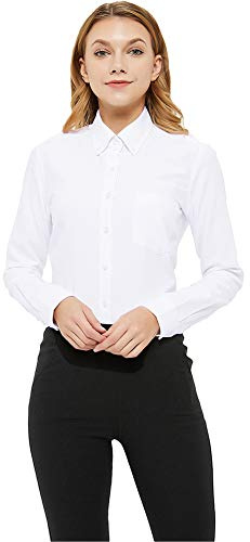 MGWDT Button Down Shirt Women Long Sleeve Blouse Oxford Shirts Classic-Fit Cotton Tops Wrinkle Resistant Medium White