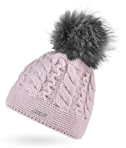 Neverless® Damen Strick-Mütze mit Zopfmuster gefüttert mit Fleece Pelzbommel Kunstfell Winter-Mütze Bommelmütze rosa