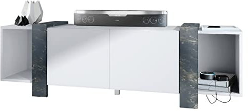 Vladon Lowboard Ida 149 x 45,5 x 34 cm TV-Board mit 4 Fächern und PTO-Türen, Made in Germany, Korpus in Weiß matt, Blenden in Marmor Graphit | Große Farbauswahl