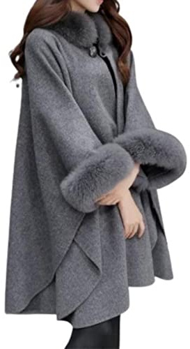 SARGE Femmes Cape Manteau Couleur Unie col en Fausse Fourrure Automne Hiver Chaud Ample mi-Long Poncho Manteau