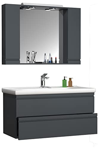 VCM 3-TLG. Waschplatz | Waschtisch Unterschrank 100 cm | Badmöbel Set mit Waschbecken | grifflose Schubladen | Spiegelschrank | Komplett Silora XL