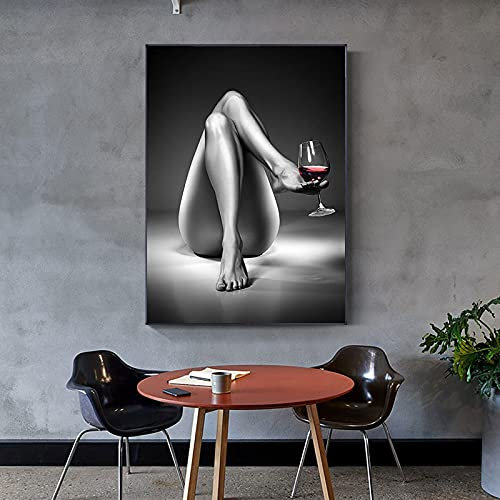 Zhadongli Art Frau Weinglas Leinwand Gemälde Figur Schwarz Weiß Mädchen Poster und Drucke Wandkunst Bilder für Wohnzimmer Wohnkultur 50 x 75 cm (20 x 30 Zoll) mit Rahmen