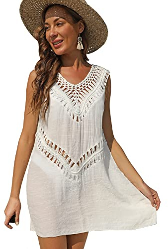 KOEMCY Vestito Spiaggia Donna Abiti da Spiaggia Copricostume Mare Beachwear Abito Estivo Senza Maniche con Frange Boho Vacanza Elegante Vestito Mare Bikini Cover up Costume da Bagno