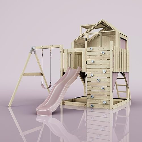 Rebo Spielturm mit Spielhaus inkl. Wellenrutsche und Kinder-Schaukel | Outdoor Klettergerüst Garten | Kletterwand und Kletterleiter | Stabile Konstruktion, Weiches Gefühl in den Seilen