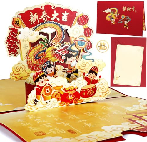 HOWAF Biglietti di Capodanno Cinese 2026, Auguri Cinese Pop-Up 3D Biglietti di Anno del Cavallo Auguri Biglietto Regalo con Buste e Adesivo per Decorazioni Chinese New Year Inter Festa di Primavera