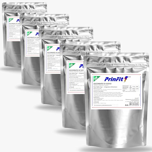Ascorbato di sodio puro - 5 x 1kg in polvere - Vitamina C tamponata a pH neutro, senza acidi – ottenuta dalla fermentazione di mais privo di OGM – Integratore Alimentare -prodotta e testata in Italia.