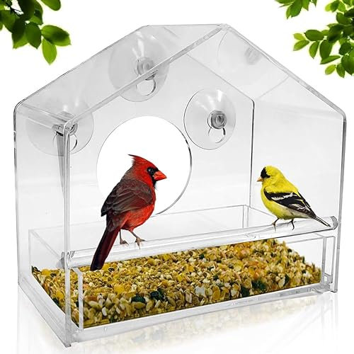 2-Packs Birdhouse Sliding Seed Holder with 4 Extra Strong Suction Cups Window Bird House Feeder, Self Adhesive Without Hooks, for Outside, Transparent Bird House, Outdoor Bird Feeders