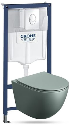 LAVITA Elemento da parete Solido Start + parete sospesa WC Sinto grigio senza bordi + sedile WC SoftClose | pulsante cromato | Set completo | Cassetta di risciacquo da incasso | WC completo |