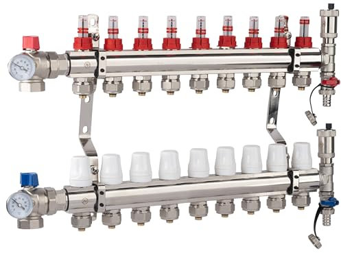 AQUA HEATING Collettore Per Riscaldamento A Pavimento 9 Circuiti Di Riscaldamento Kit Collettore Riscaldamente 10 Bar Valvola Ad Angolo
