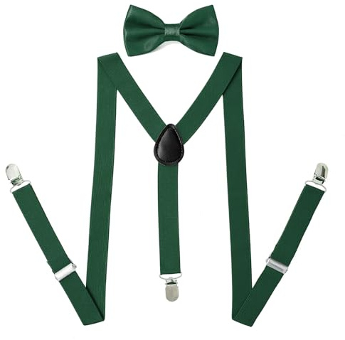 PONCEAU 2 Set Hosenträger und Fliege für Herren und Damen，2.5 cm breiter Hosenträger Herren in Y-Form Elastisch und Verstellbar mit Farblich Passender Fliege 12 x 7 cm
