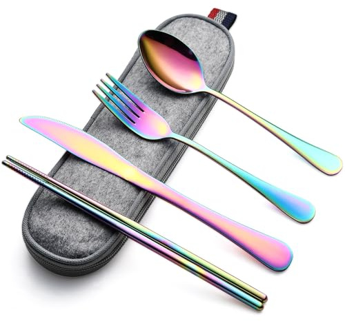 DEVICO Posate da campeggio, in acciaio inox, set da 5 pezzi, con coltello, forchetta, cucchiaio, bacchette e custodia, ideale per i viaggi (arcobaleno)
