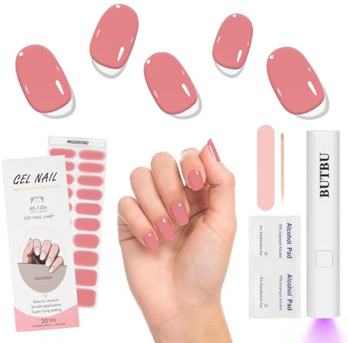 BUTBU Nagelfolie, 1 Blatt 20 Stk Uv Gel Folien Set Mit UV-Lampe, Nagelfolien Selbstklebend & UV Härtend, Uv Gel Strips Starter Set, Nagelaufkleber, Press On Nails Mit Nagelfeile (Rosa)