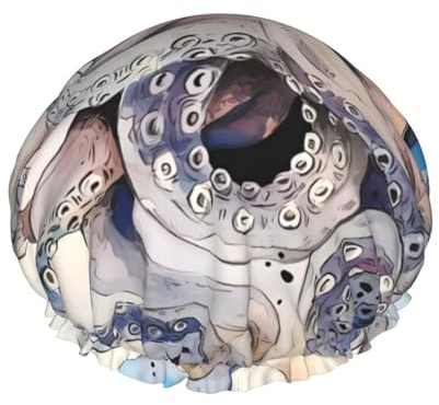 Duschhaube mit Retro-Oktopus-Druck, doppellagig, atmungsaktiv, verstellbares Gummiband, langlebig, für Hotels und Reisen