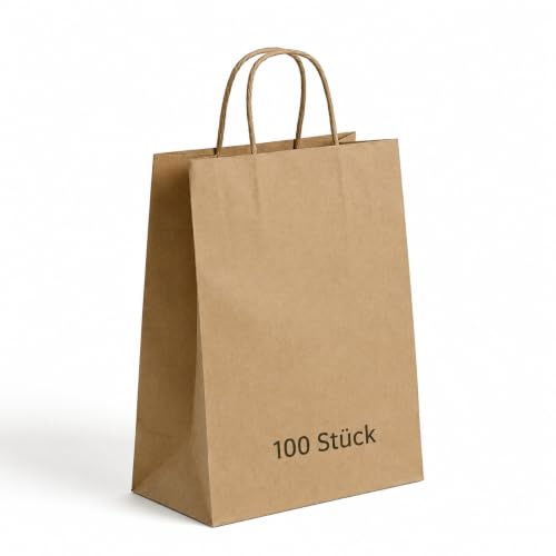 Commerline 100 Stück Braun Papiertüten mit Henkel, 32+12x41 cm Kraftpapier Tüten mit Kordelgriff, Papiertragetaschen für Einkaufen und Verpackung, Geschenktüten Kindergeburtstag, Partys, DIY