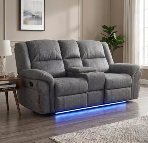 Berlin Fabric Electric Recliner Loveseat, Grey, with Cup Holders, USB Charging Ports and LED Light (2 Seater)