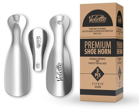 Velette 3-Pack Metal Shoehorn - 2 Set 7.5 Long Shoe Horn,1 Set 4 Travel Shoe Horn for Kids, Men & Women - Shoes Helper, Spoon, Travel Size Shoehorn for Boots, Shoes, Sneakers, Heels and More