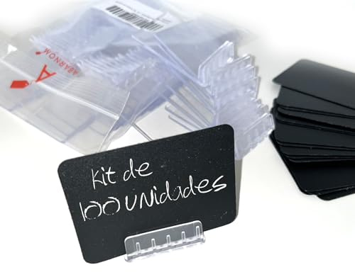 100 wiederverwendbaren schwarzen Tafeln aus Kunststoff + 100 Preishalterbasen, Mini-Preistafeln, Preishalter für Obst, Preishalter für Metzger, Preishalter für Fischgeschäfte, Preishalter für Tafeln