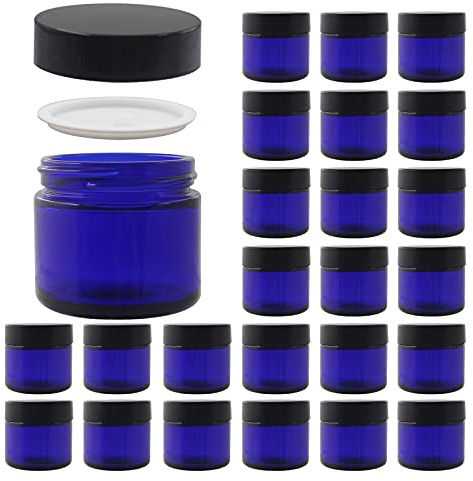 BPFY 24 Pack 2 oz Round Blue Glass Cosmetic Jars with Inner Liners and Black Lids, Travel Jars, Refillable Containers for Makeup, Cream, Lotion, Sugar Scrubs, Eye Shadow, Slime, Paint, Jewelry