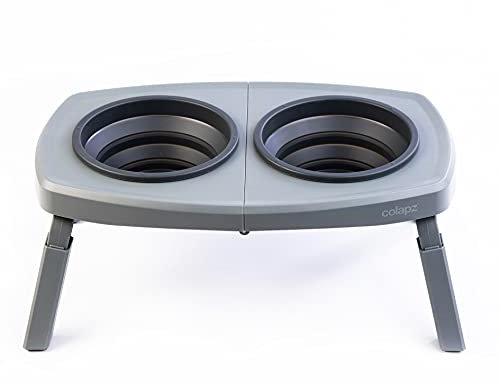 Colapz Collapsible Dog Bowls with Adjustable Stand – Foldable Elevated Food & Water Bowls for Dogs & Cats – Travel, Camping & Car – Silicone Pet Bowls with Carry Bag, Grey