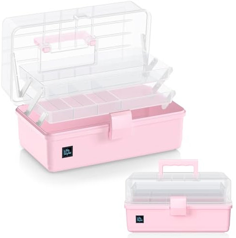 ARJudy 33cm 3-Regal Mehrzweck-Aufbewahrungsbox Plastikhandwerk Organizer Faltbare Werkzeugkiste mit Griffen für ortierbox, Bastelbox, Nähkasten, Medizinkoffer, Toolbox (Rosa)