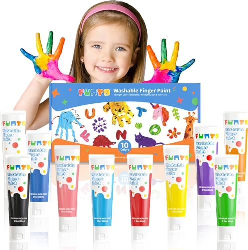 Funto Fingerfarbe für kinder, 10 x 60ml, Art Fingermalfarben, Auswaschbar, Ungiftig, Sicheres Malzubehör für Kinder