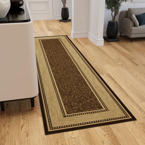 Ottomanson Hallway Runner Rug 2'7 x 9'10 – Non Slip Rubber Backed Carpet Runner for Hallways, Entryway, Living Room, Long Low Pile Indoor Floor Runner Rug, Border Brown