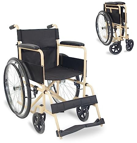 Mobiclinic®, Sedia a rotelle pieghevole, Denver, Marchio europeo, Seduta 46 cm, Freno manuale, Schienale rimovibile, Poggiapiedi, Robusta, Carrozzina, Colore crema e nero