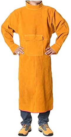 Lederschürze Schweißerschürze mit Werkzeugtaschen, Flammhemmende Rindslederschürze mit Ärmeln, Sicherheitsschutzschürze (Color : Yellow, Size : 85cm)