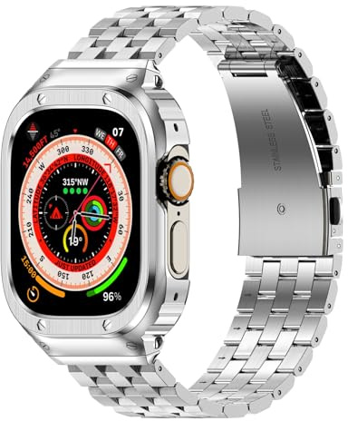 Amznew Bracelets Apple Watch compatibles avec iWatch Series 6/5/4/SE(44mm), bracelets iWatch en métal et coque de protection pour homme, Argent