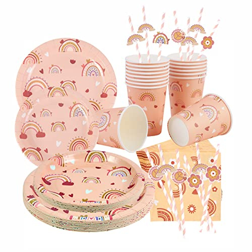 SUNBEAUTY Anniversaire Decoration Fille Arc-en-Ciel Bohème Deco Set d'Assiettes Jetables Thème, Gobelets en Papier, Pailles, Serviettes de Table pour 16 Personnes