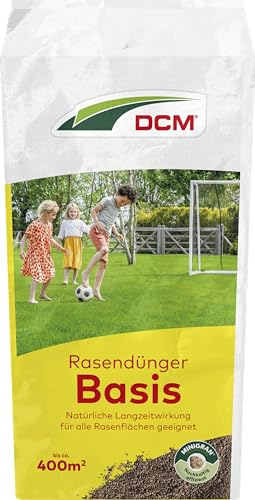 DCM Rasendünger Basis - Langzeit Rasendünger - Mit MINIGRAN® TECHNOLOGY - Für alle Flächen geeignet - organisch-mineralischer NPK-Dünger - 18 KG für 400qm