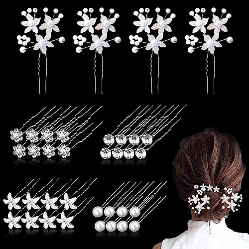 36 Pcs Épingles à Cheveux de Mariage, bijoux Mariée en forme de U,Perle Fleur Cristal Strass Pinces À Cheveux Demoiselle D'honneur Accessoires Pour Femmes Filles