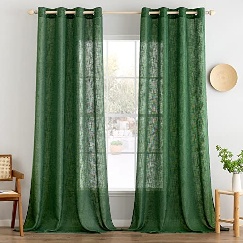 MIULEE Linen Curtains Windows with Eyelets Translucent Panel Curtain Modern Transparent Sail Curtains for Balcony Doors Suitable for Living Room Bedroom 2 Piece Set Dark Green 140 x 215 cm