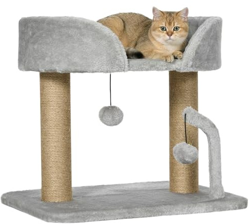 PawHut Design med kattträd med 2 hängande tofsar 2 sisalstolpar + plyschplattform - 48 x 38 x 42 cm - grå