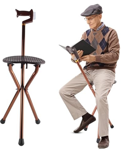 Silla De Bastón Plegable Portátil con Cojín De Masaje Aleación De Aluminio Baston con Silla Plegable para Ancianos,Taburete De Caña De Metal para Actividades Al Aire Libre, Campamentos
