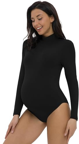 Foucome Women's Maternity Bodysuit Mock Turtle Neck Long Sleeve Tops Jumpsuit Pregnancy Stretchy Basic Body Suit Shirt, Black, M