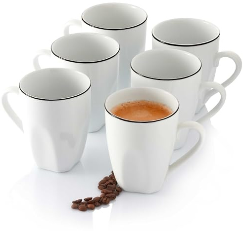 SÄNGER Kaffeetassen Set Bilgola Black Rim 6 tlg, Kaffeebecher Porzellan | für 6 Personen, Kaffeetassen & Becher spülmaschinenfest Tassen Set in mit Schwarzen Akzenten 220 ml