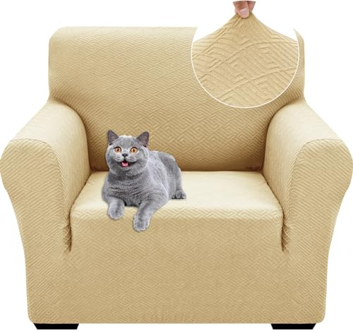 Ystyle Stretch Sofa Überzug 1 Sitzer, Sesselschoner rutschfest Mit Armlehne, Elastische Couch Überzug Jacquard, Universal Sofa Cover Moderne, Sofaschoner Hund Katze Wohnzimmer, Beige Gelb