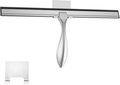 peafowl Shower Squeegee Stainless Steel Bath Squeegee for Shower Glass Doors Bathroom Windows Kitchen Mirror and Car Glass with Hooks Holder (14 inch, Brushed Silver)
