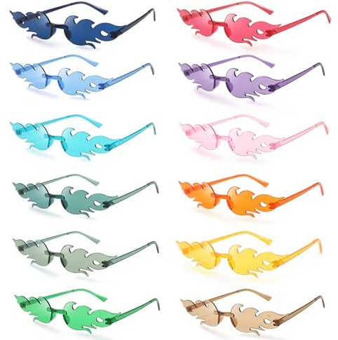 Flammen Sonnenbrille, 12 Stück Flammen Brillen Randlose Bunte Brillen | Flammenform Sonnenbrille, Neuheit Partybrille für Geburtstagsfeier Maskerade Party Dekoration Weihnachten Karneval 12 Farben