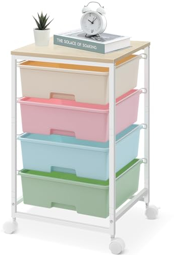 SYKIARIOL 4 Schubladen Rollwagen, Aufbewahrungswagen Badrollwagen auf Rädern mit Holztischplatte,Rollwagen für Küche,Wohnzimmer, Schlafzimmer,Einfache Bewegung,Große Kapazität,4 Schubladen,bunt