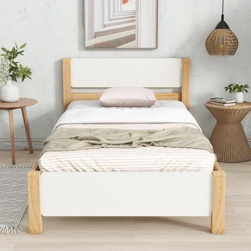 NNJN Holzbett, Kiefernholzrahmen mit Mittelfuß, Jugendbett, Erwachsenenbett, mit Kopf- und Fußteil aus MDF, Weiß + Natur (90x200)(Ohne Matratze)
