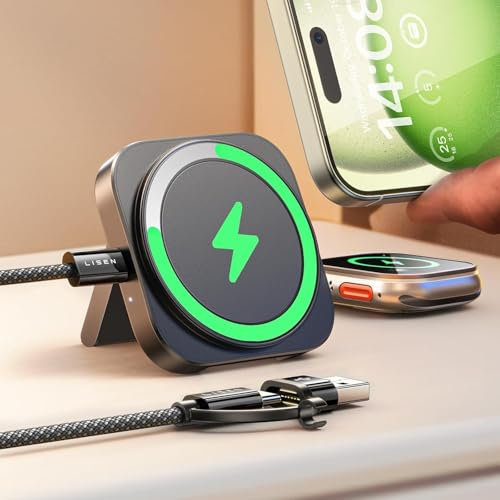 LISEN Travel Magsafe Wireless Charger for iPhone 17 & Apple Watch Charger Stand, Magnetic Mag Safecharger 3 in 1 Wireless Charging Station Pad Desk Accessories for iPhone 17 16 Pro Max 15 i Watch 11