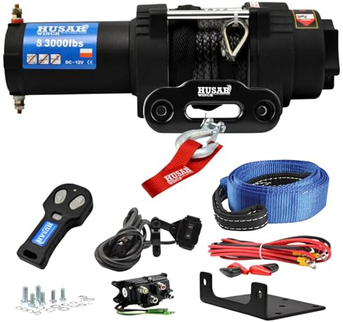 Husar Winch Elektrische Seilwinde 12V, 3000 lbs | 1360 kg, Synthetikseil 12 m, 3-stufiges Planetengetriebe,Funkfernbedienung,Automatische Bremse,Montagesatz – ideal für ATV/UTV + KOSTENLOSER BERGEGURT
