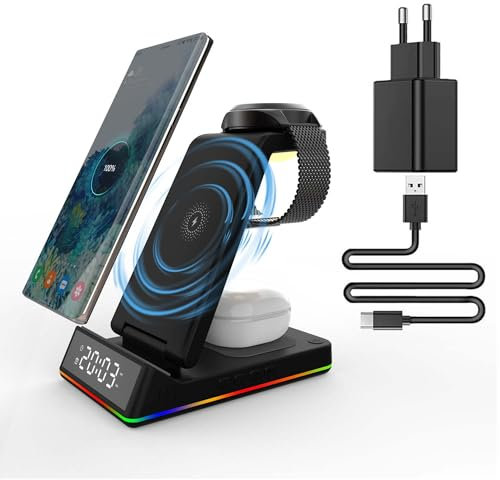 Wireless Charger für Samsung Mit Uhr und Nachtlicht, 3 in 1 Kabelloses Ladegerät Induktive Ladestation Kompatibel mit Samsung S23 S22 S21 S20 Note20/Z Flip 4/Galaxy Buds, Galaxy Watch 5/5 Pro/4/3(BK)