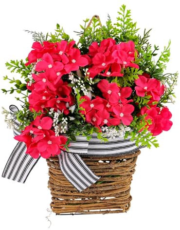 Liuyoyo Simulation Hanging Wicker Basket Wreath for Front Door, Red Flowers Welcome Sign Wreath, Fake Hanging Plants Wall Hanging Rattan Basket Wreath for Front Porch